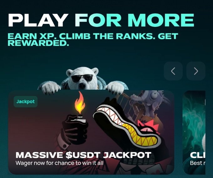 A promotional banner reading "PLAY FOR MORE - EARN XP. CLIMB THE RANKS. GET REWARDED" featuring a polar bear wearing sunglasses and a "MASSIVE $USDT JACKPOT" card with cartoon artwork.