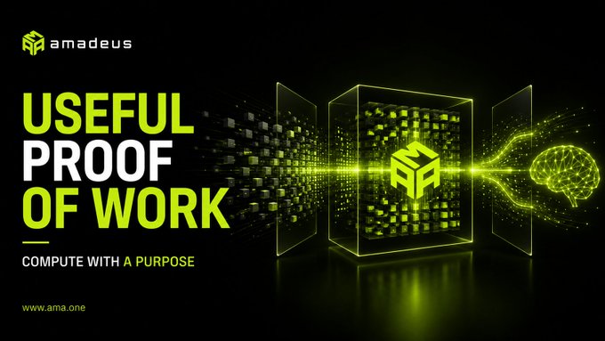 A promotional banner for Amadeus featuring the text 'USEFUL PROOF OF WORK - COMPUTE WITH A PURPOSE' alongside a green digital cube and brain illustration, with the website www.ama.one.