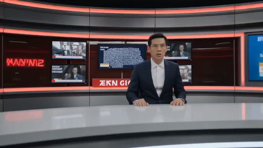 The image shows a man sitting at a desk with multiple monitors behind him, possibly working as a news reporter or presenter. The background features a large screen displaying an advertisement for AEREDIUM's Dynamic Cloud Protocol. This protocol adapts and evolves networks to keep them moving forward, ensuring the flow of information remains uninterrupted even in challenging situations like infrastructure failures or network disruptions.