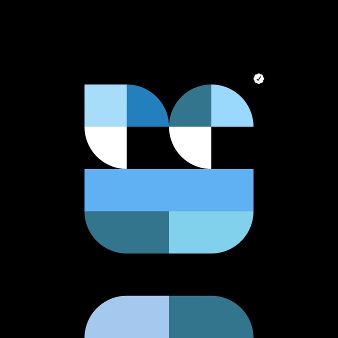 A pixel-art style image with a black background featuring blue and teal geometric shapes forming an abstract design, with a small verified checkmark icon in the upper right.