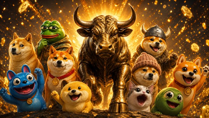 A triumphant golden bull stands at the center of a diverse menagerie of cartoon-style characters, including Shiba Inus, Pepe frogs, cats, and other whimsical creatures, all set against a dramatic backdrop of falling gold coins.

The imagery powerfully reinforces the post's message about decentralized finance and market aspirations—the bullish golden statue symbolizes the optimism and strength of crypto markets, while the eclectic cast of viral internet mascots (Doge, Pepe, Shiba) represents the community-driven, decentralized spirit that fuels the onchain dream of financial freedom beyond government control.