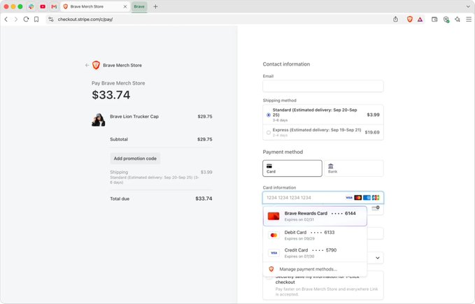 A Stripe checkout page for the 'Brave Merch Store' showing a total of $33.74 for a 'Brave Lion Trucker Cap', with shipping and payment method options visible.