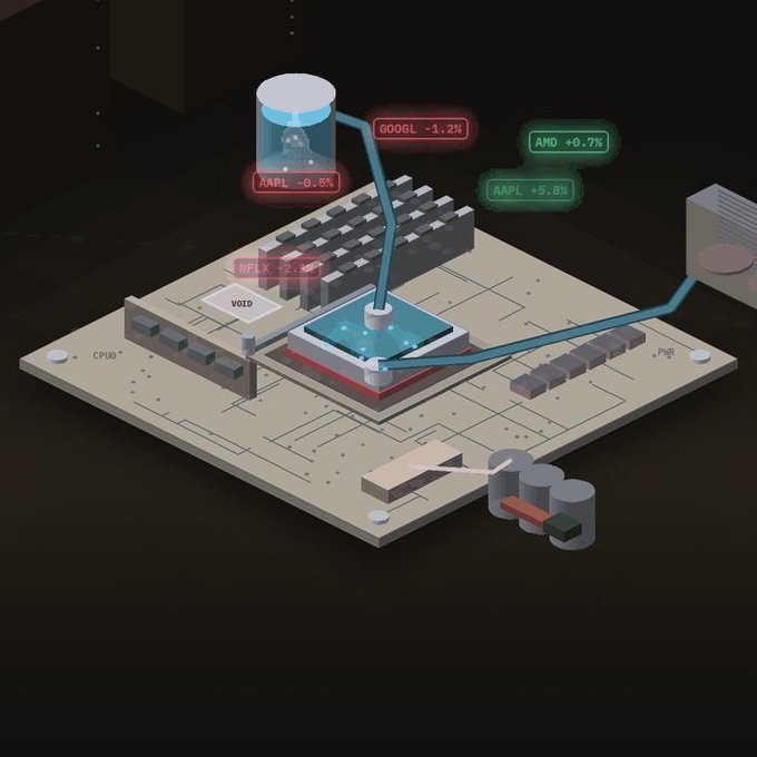An isometric digital illustration of a futuristic microchip or motherboard platform with stock tickers displayed: AAPL -0.5%, GOOGL -1.2%, AMD +0.7%, AAPL +5.8%, and NFLX -22.4%.
