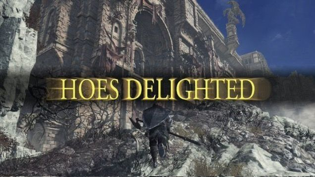 A video game screenshot shows a character standing before a large stone structure, with the yellow title text "HOES DELIGHTED" overlaid in the center.
