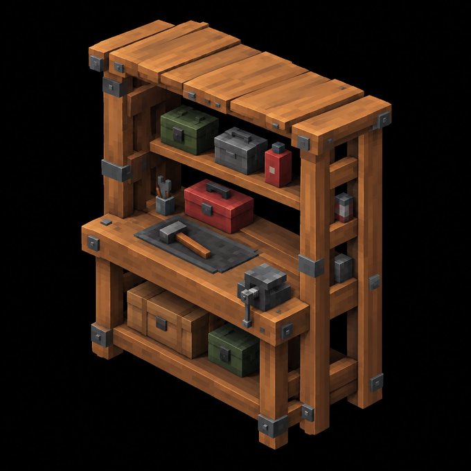 An isometric digital illustration of a wooden workbench featuring metal brackets, with shelves holding colorful toolboxes and a vise clamping a hammer on the main work surface.