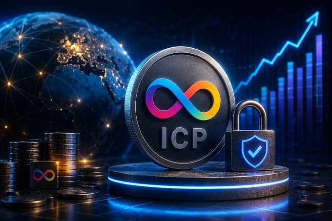 A digital graphic features an 'ICP' coin with an infinity logo, set against a backdrop of a glowing globe and a rising bar chart with a padlock icon.