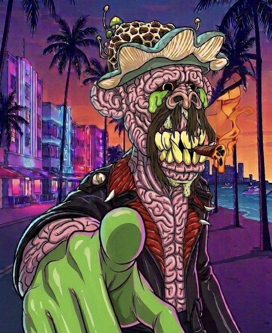 A vivid, psychedelic illustration depicts a grotesque character with exposed brain, sharp teeth, and a snail-like shell on its head, wearing a leather jacket against a sunset Miami backdrop.