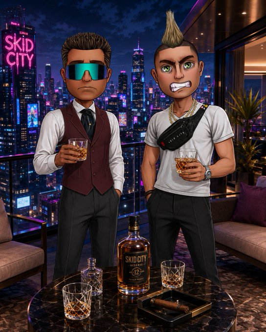 Two cartoon-style male characters stand on a balcony holding whiskey glasses, with a neon 'SKID CITY' sign, a 'SKID CITY WHISKEY 12' bottle, and a nighttime city skyline in the background.