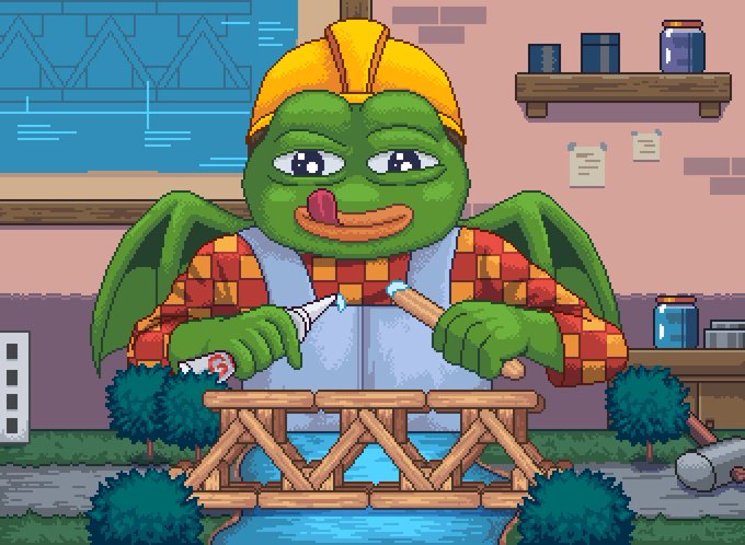 Pixel art depicting a green frog-like character wearing a yellow hard hat and flannel shirt, working on a wooden bridge structure over water.