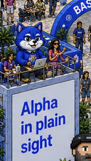 A pixel art illustration shows a blue dog mascot in a hoodie standing on a rooftop with people, above a sign reading 'Alpha in plain sight'.