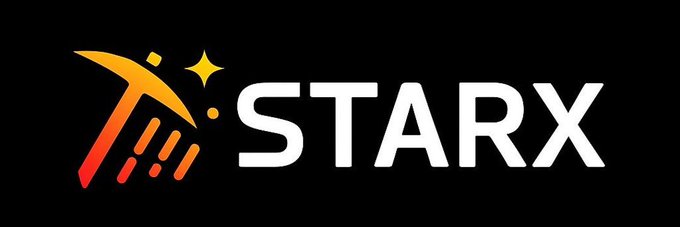 The image displays the "STARX" logo on a black background, featuring a stylized rocket graphic with orange-to-red gradient flames and a yellow star accent, serving as the branded visual for the StarX Network project referenced in the post about their recent partnership announcements.