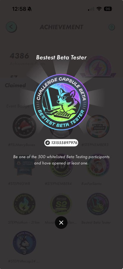 A mobile screenshot of a STEPN achievement showing a 'Bestest Beta Tester' badge with a husky dog logo, with text reading 'Be one of the 500 whitelisted Beta Testing participants and have opened at least one.'