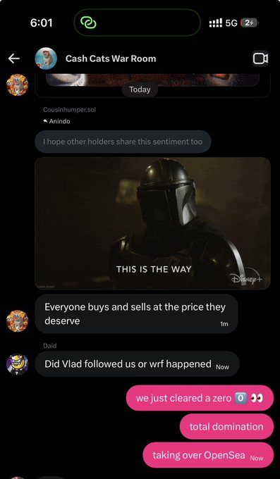 A mobile chat screenshot shows the 'Cash Cats War Room' group discussing NFTs, featuring a Mandalorian meme reading 'THIS IS THE WAY' and messages about 'total domination' and 'taking over OpenSea.'