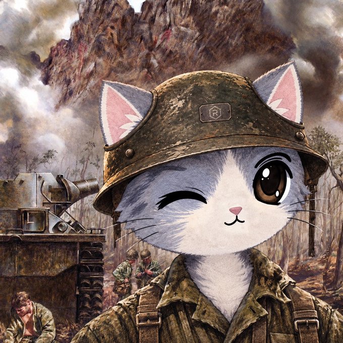 A cute anime-style gray cat wearing a military helmet winks at the viewer, set against a war-torn battlefield backdrop with a tank and soldiers.