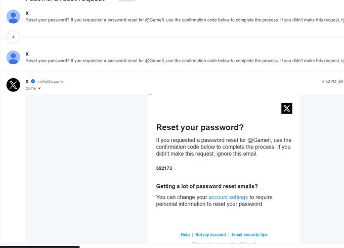 Multiple password reset emails from X (formerly Twitter) for the account @Gamefi, with one email displaying a confirmation code of 592173.