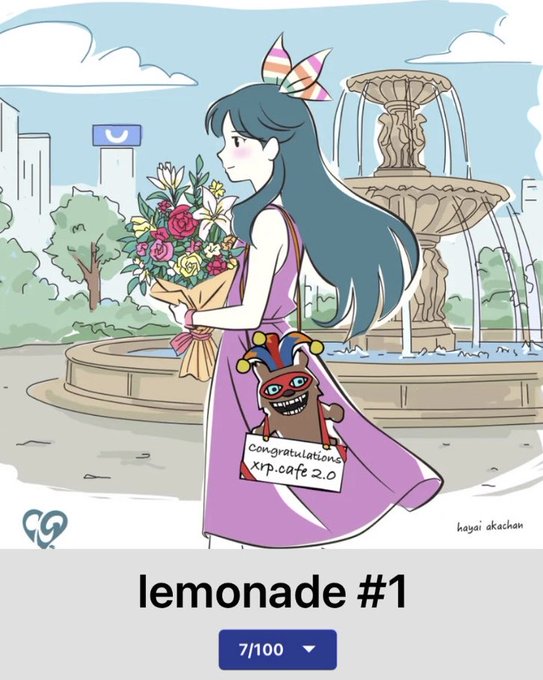 An illustration titled 'lemonade #1' showing a girl in a purple dress holding flowers next to a fountain, with a small jester-like creature holding a 'Congratulations xrp.cafe 2.0' sign, credited to kagar akachan.