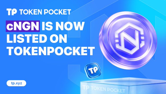 Promotional banner for Token Pocket announcing that cNGN is now listed on the platform, featuring the TP logo and website tp.xyz.