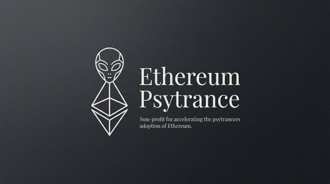 A logo for 'Ethereum Psytrance' featuring an alien-like geometric symbol, with the tagline 'Non-profit for accelerating the psytrancers adoption of Ethereum.'