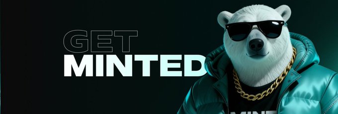 A promotional graphic features a white polar bear wearing sunglasses, a gold chain, and a teal puffer jacket, next to the text "GET MINTED."