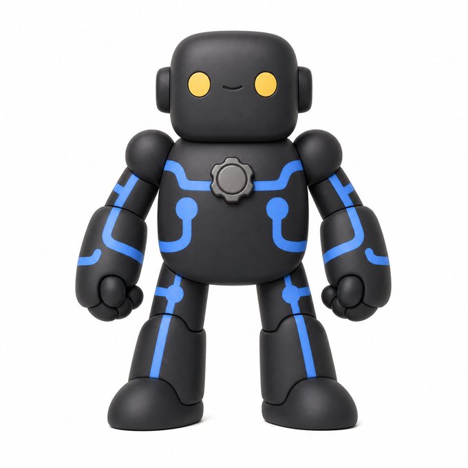 A black robot figure with blue circuit-line patterns, yellow eyes, and a gear emblem on its chest.