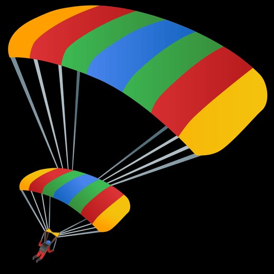 A 3D render of two colorful parachutes with red, yellow, green, and blue stripes descending against a solid black backdrop.