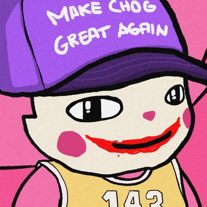 A stylized cartoon illustration of a character wearing a purple hat reading "MAKE CHOG GREAT AGAIN" and a yellow jersey with "142," featuring a red smile and pink cheeks on a pink background.