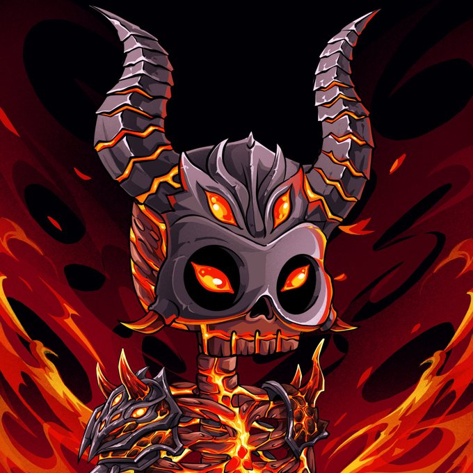 An illustration of a menacing skull-like character with large, segmented horns, glowing orange eyes, and a metallic body with fire emanating from cracks, set against a dark red background with flames.
