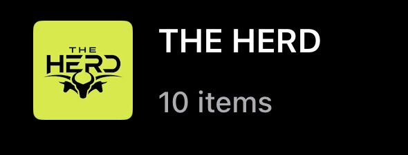 App icon and title for 'THE HERD' showing '10 items' on a black background, featuring a yellow square with a bull logo.
