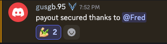 The image displays a stylized chat notification from "glusgb.95" at 7:52 PM reading "payout secured thanks to @Fred," accompanied by a red ghost icon and a reward box containing the number "2," visually reinforcing the post's claim about V-Shape members successfully securing payouts through the community.