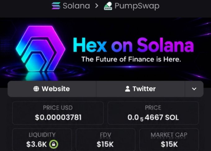 A cryptocurrency token page on Solana via PumpSwap for 'Hex on Solana – The Future of Finance is Here,' showing a price of $0.00003781, liquidity of $3.6K, FDV of $15K, and market cap of $15K.