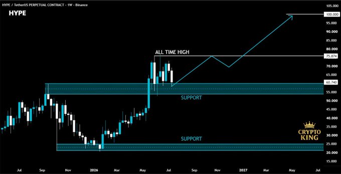A weekly candlestick chart of HYPE/USDT Perpetual Contract on Binance shows the price retesting a support zone between $55 and $60, with a previous all-time high marked at $75.87 and a projected breakout arrow pointing toward $100+ by mid-2027.
