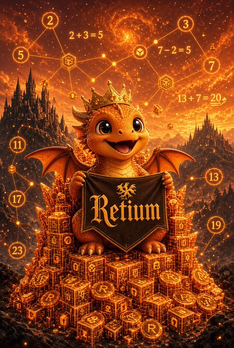 A fantasy illustration of a cute orange dragon wearing a crown and holding a banner that reads 'Retrium', surrounded by stacks of glowing gold blocks and mathematical equations against a fiery orange background.