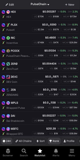 A screenshot of a cryptocurrency tracking app showing PulseChain tokens including HEX ($0.003297), PLSX ($0.9330), INC ($0.4800), PCOCK ($0.01334), ZERO ($0.004434), DEVC ($0.5871), ZEN ($0.3790), WPLS ($0.1138), DAI ($0.002237), and WBTC ($251.39) with their respective liquidity, volume, and market cap data.