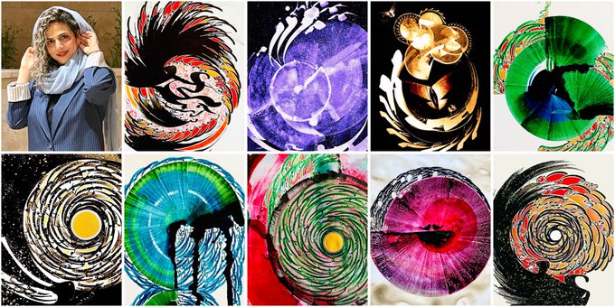 A grid of ten artistic images featuring a woman in a blue headscarf in the top left, alongside vibrant abstract swirling designs in purple, green, and red, and stylized spiral galaxy patterns.