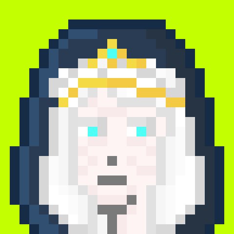 A pixel art illustration of a bearded character with white hair, glowing blue eyes, and a golden crown on a green background, resembling a king or wizard figure.