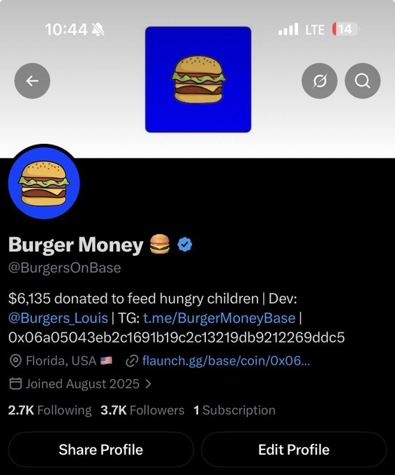 A social media profile screen for "Burger Money" (@BurgersOnBase) showing a hamburger avatar, bio stating "$6,135 donated to feed hungry children", with 3.7K followers, joined August 2025, located in Florida, USA.