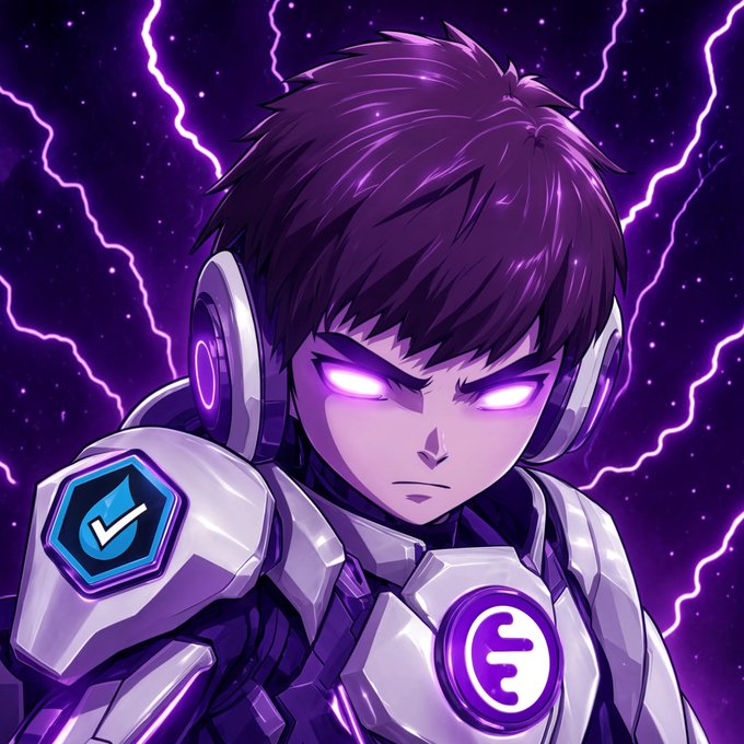 A young warrior with glowing purple eyes and a futuristic white-and-purple armored suit stands amid a dark cosmos illuminated by crackling violet lightning, with a glowing circular emblem on his chest bearing a stylized "S" symbol. The image radiates anticipation and power, visually matching the post's "ready for tomorrow" energy and suggesting an upcoming battle or launch teased by @arjunsethi.