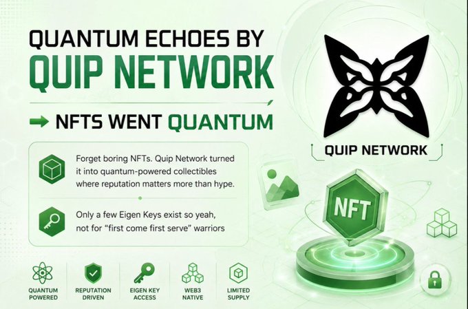 The image features a poster for Quip Network, which is an online marketplace that allows users to buy and sell digital assets such as music, art, and other creative works. The poster includes a logo of a butterfly with a green background, accompanied by text in white and black colors explaining the concept behind Quip Network's services.

The poster also contains various icons related to the platform, including a lock symbolizing security measures for digital asset transactions, and a magnifying glass icon representing the ability to zoom in on specific details of an item being sold or bought. The text "quip network" is clearly visible, indicating that Quip Network is the main focus of this poster.