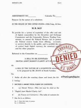 A U.S. Senate legislative document for "S.I.C. H.R. 3633" — a bill to amend the Securities Exchange Act regarding digital commodities and the SEC's authority over digital asset transactions — is stamped with a red "DENIED U.S. SENATE" seal dated June 27, 2025, and includes a summary titled "TABLE OF CONTENTS" referencing "Digital Asset Market Clarity Act" and "The Table of Contents." The image visually reinforces the post's point about CLARITY Act uncertainty, as the denied stamp suggests legislative obstacles, while the bill's title highlights the crypto regulatory framework central to XRP's future.