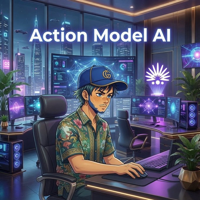 The image features a man sitting at a desk with a computer monitor, keyboard, and mouse. He appears to be working or playing video games using his laptop. The background of the image shows an office setting with multiple monitors and TVs displaying various content. There is also a potted plant in the room, adding some greenery to the environment. The post about Action Model AI suggests that this scene could represent a modern workspace where people can use AI-powered tools for their daily tasks or entertainment purposes.