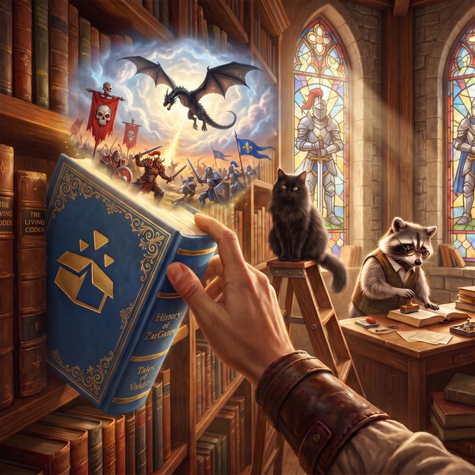 A hand pulls a magical book titled "History of ZarGates / Tales of Valdir" from a library shelf, releasing a swirling portal that reveals a dragon and warriors in battle, while a black cat and a bespectacled raccoon scholar watch from nearby—perfectly tying into the post's invitation to explore lore following the "Heroes of Valdir" NFT collection.