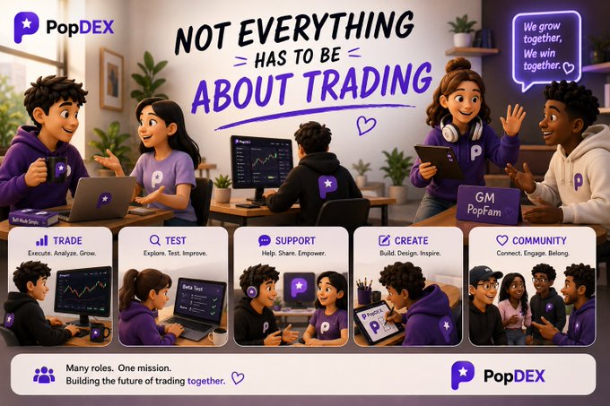 A promotional graphic for 'PopDEX' displays the text 'NOT EVERYTHING HAS TO BE ABOUT TRADING' alongside illustrations of diverse people working, with sections labeled 'TRADE', 'TEST', 'SUPPORT', 'CREATE', and 'COMMUNITY'.