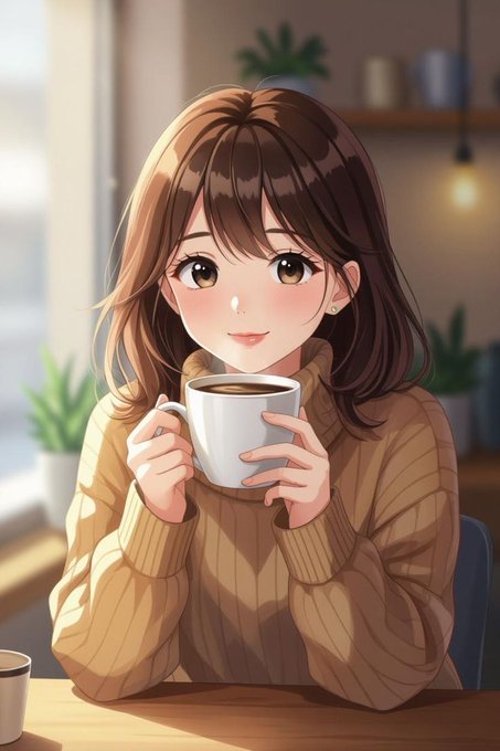 An anime-style illustration shows a smiling girl with brown hair holding a coffee mug, wearing a tan knitted sweater in a softly lit café setting.