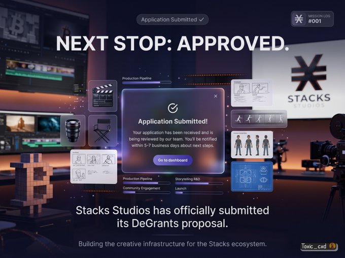 A promotional graphic for 'STACKS STUDIOS' showing an 'Application Submitted!' confirmation pop-up, announcing the official submission of their DeGrants proposal.