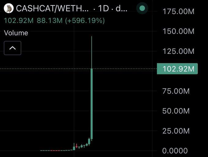 A daily chart of CASHCAT/WETH trading pair showing trading volume spiking to 102.92M, with a massive +596.19% gain (from 88.13M to 102.92M), visually illustrating the extraordinary short-term surge referenced in the post claiming a $100 investment grew to $205K overnight.