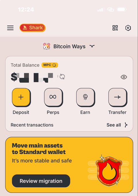A mobile app screenshot of the 'Shark' crypto wallet showing a 'Bitcoin Ways' account with a redacted Total Balance (in MPC), buttons for Deposit, Perps, Earn, and Transfer, and a yellow banner prompting users to 'Move main assets to Standard wallet' with a 'Review migration' button.