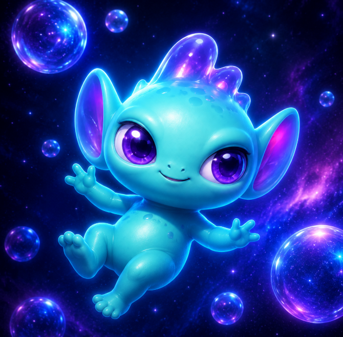 A digital illustration of a cute turquoise alien-like creature with large purple eyes floating in space surrounded by glowing purple and blue bubbles against a starry cosmic background.
