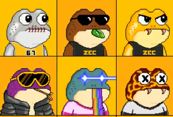 Pixel art featuring six anthropomorphic frog-like characters with various accessories like sunglasses and a visor, some labeled 'ZEC'.