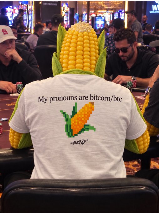 A person dressed in a full corn cob costume sits at a poker table wearing a white t-shirt that reads "My pronouns are bitcorn/btc" with a pixelated corn graphic and "QUOTED".
