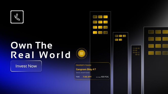 The image shows an advertisement for a real estate security token platform called "Own The Real World". A blue and yellow city skyline with tall buildings serves as the background, creating an urban atmosphere. In the bottom right corner of the image, there is white text that reads "On-chain. Fognet's roadmap includes a real estate security token platform bringing physical assets on-chain", providing more information about the platform. The advertisement also mentions other details such as the platform's focus on daily payments and its potential for regulatory sandbox applications or project development, suggesting that it is an active, forward-thinking business in the space of real estate and blockchain technology.